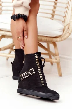 Boto Sneakersy Damskie|Botki Na Koturnie*Damskie Zamszowe Sneakersy BOOCI 2222 Złote Litery Czarne