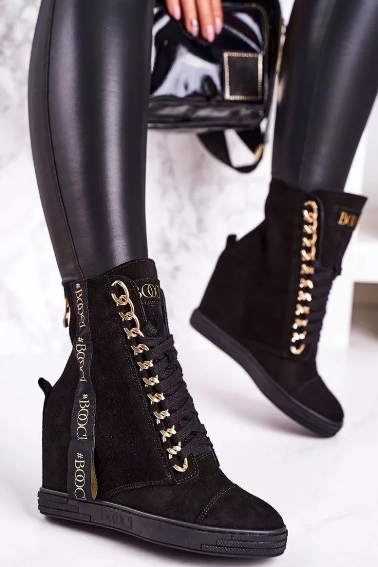 Boto Sneakersy Damskie|Botki Na Koturnie*Damskie Zamszowe Sneakersy Z Tasiemką BOOCI 2222/543/z Czarne