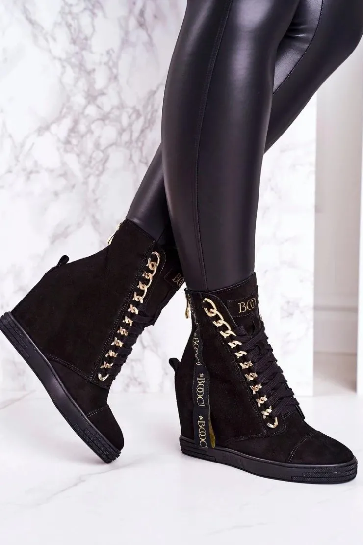 Boto Sneakersy Damskie|Botki Na Koturnie*Damskie Zamszowe Sneakersy Z Tasiemką BOOCI 2222/543/z Czarne