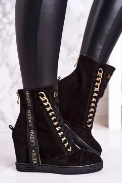 Boto Sneakersy Damskie|Botki Na Koturnie*Damskie Zamszowe Sneakersy Z Tasiemką BOOCI 2222/543/z Czarne