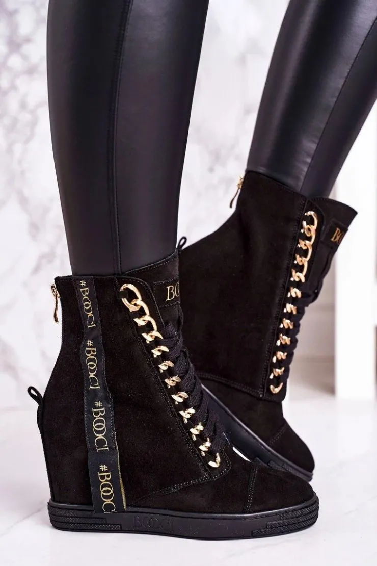 Boto Sneakersy Damskie|Botki Na Koturnie*Damskie Zamszowe Sneakersy Z Tasiemką BOOCI 2222/543/z Czarne