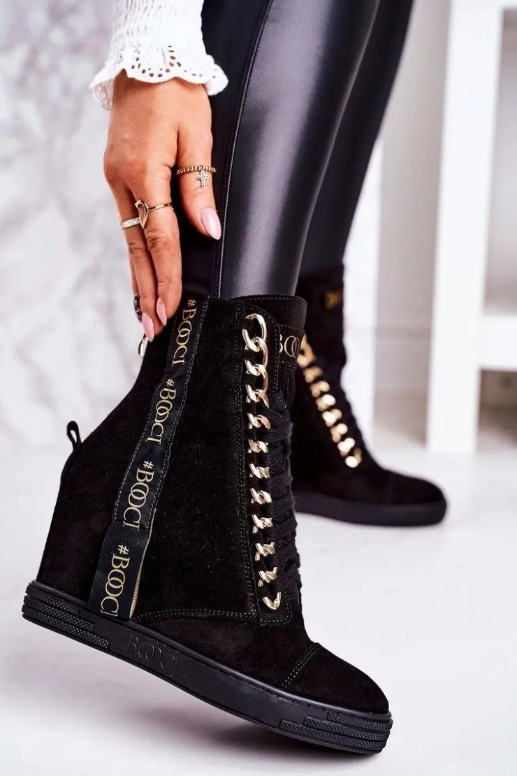 Boto Sneakersy Damskie|Botki Na Koturnie*Damskie Zamszowe Sneakersy Z Tasiemką BOOCI 2222/543/z Czarne