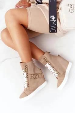 Damskie Boto Damskie Zamszowe Sneakersy BOOCI Złote Litery Jasny Camel