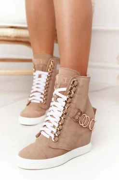 Damskie Boto Damskie Zamszowe Sneakersy BOOCI Złote Litery Jasny Camel