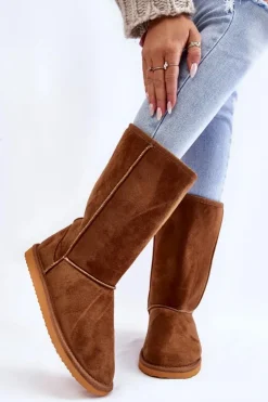 Boto Śniegowce Damskie*Damskie Zamszowe Wysokie Śniegowce Ocieplane Camel Reyma