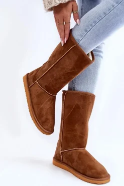 Boto Śniegowce Damskie*Damskie Zamszowe Wysokie Śniegowce Ocieplane Camel Reyma