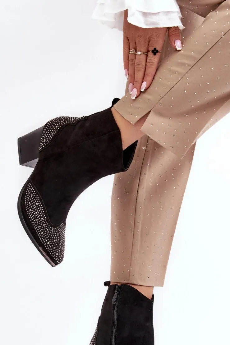 Boto Botki Ocieplane|Botki Na Słupku*Damskie Zdobione Botki Kowbojki Na Słupku Czarne Eleduana Czarny