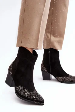 Boto Botki Ocieplane|Botki Na Słupku*Damskie Zdobione Botki Kowbojki Na Słupku Czarne Eleduana Czarny