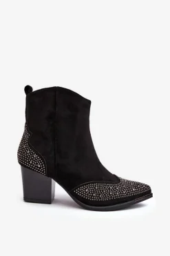 Boto Botki Ocieplane|Botki Na Słupku*Damskie Zdobione Botki Kowbojki Na Słupku Czarne Eleduana Czarny
