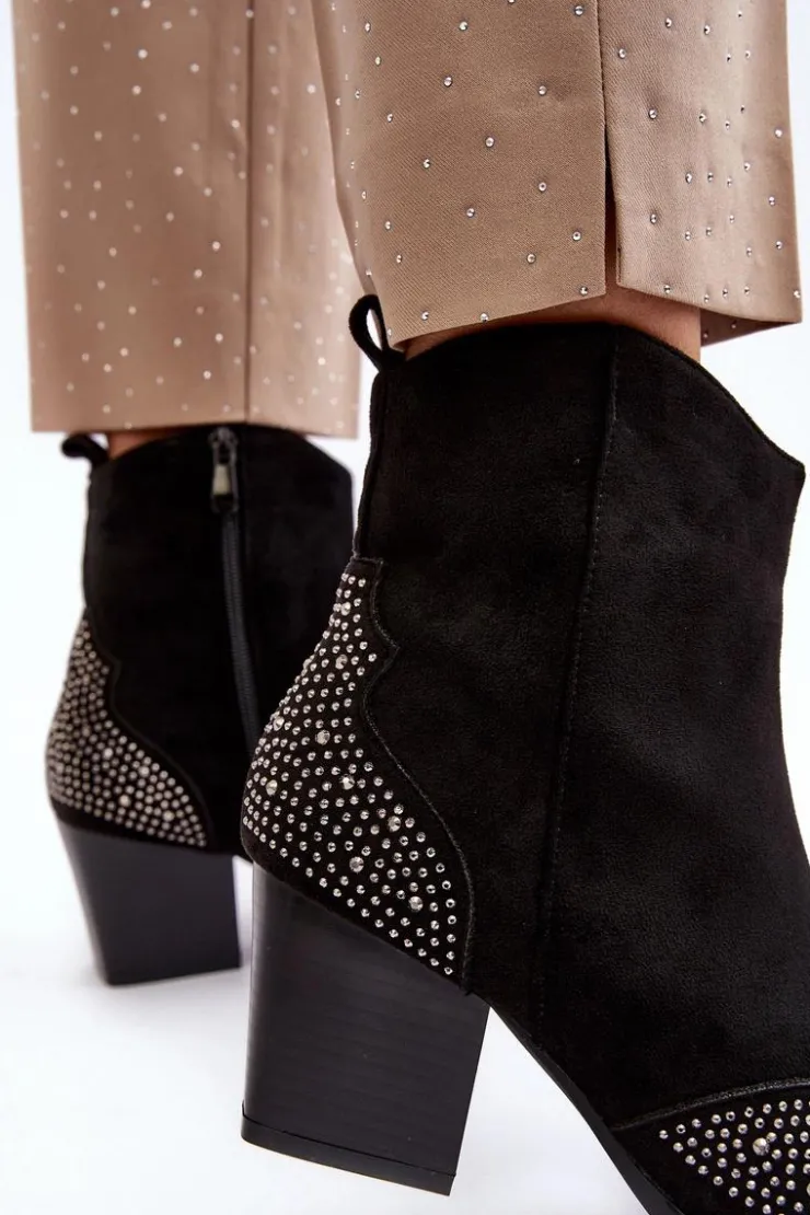 Boto Botki Ocieplane|Botki Na Słupku*Damskie Zdobione Botki Kowbojki Na Słupku Czarne Eleduana Czarny