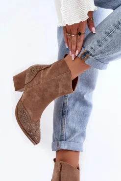 Damskie Boto Damskie Zdobione Botki Kowbojki Na Słupku Beżowe Eleduana