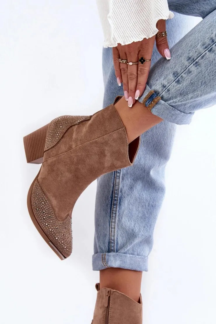 Damskie Boto Damskie Zdobione Botki Kowbojki Na Słupku Beżowe Eleduana