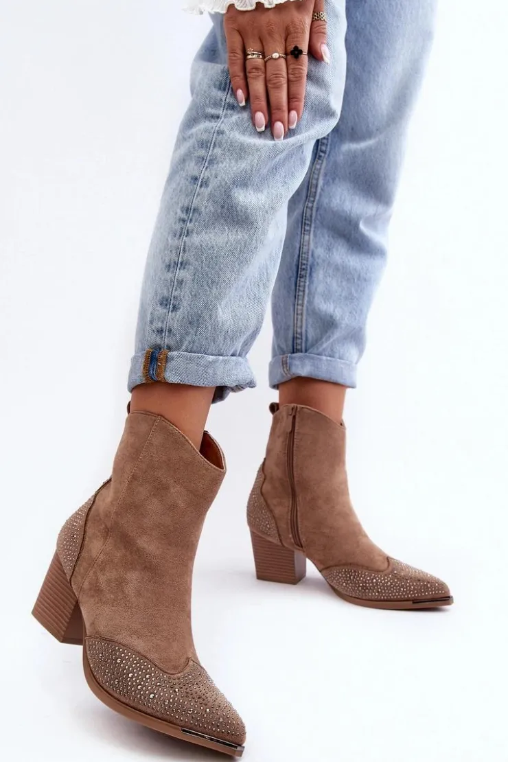 Damskie Boto Damskie Zdobione Botki Kowbojki Na Słupku Beżowe Eleduana