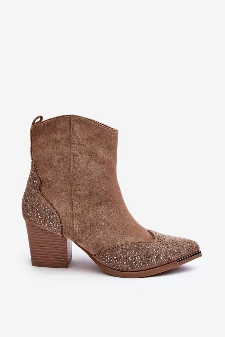 Damskie Boto Damskie Zdobione Botki Kowbojki Na Słupku Beżowe Eleduana