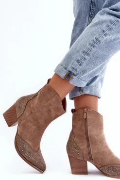 Damskie Boto Damskie Zdobione Botki Kowbojki Na Słupku Beżowe Eleduana