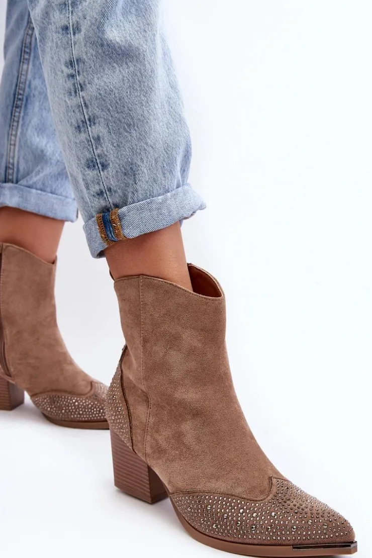 Damskie Boto Damskie Zdobione Botki Kowbojki Na Słupku Beżowe Eleduana