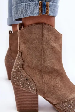 Damskie Boto Damskie Zdobione Botki Kowbojki Na Słupku Beżowe Eleduana