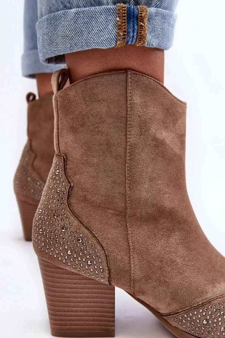 Damskie Boto Damskie Zdobione Botki Kowbojki Na Słupku Beżowe Eleduana