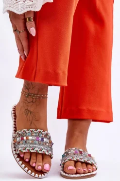 Boto Klapki Damskie Klasyczne*Damskie Zdobione Klapki Białe Bellisa