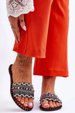 Boto Klapki Damskie Klasyczne*Damskie Zdobione Klapki Czarne Bellisa Czarny