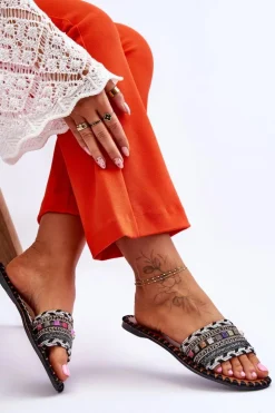 Boto Klapki Damskie Klasyczne*Damskie Zdobione Klapki Czarne Bellisa Czarny