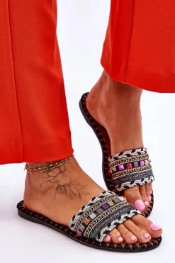 Boto Klapki Damskie Klasyczne*Damskie Zdobione Klapki Czarne Bellisa Czarny