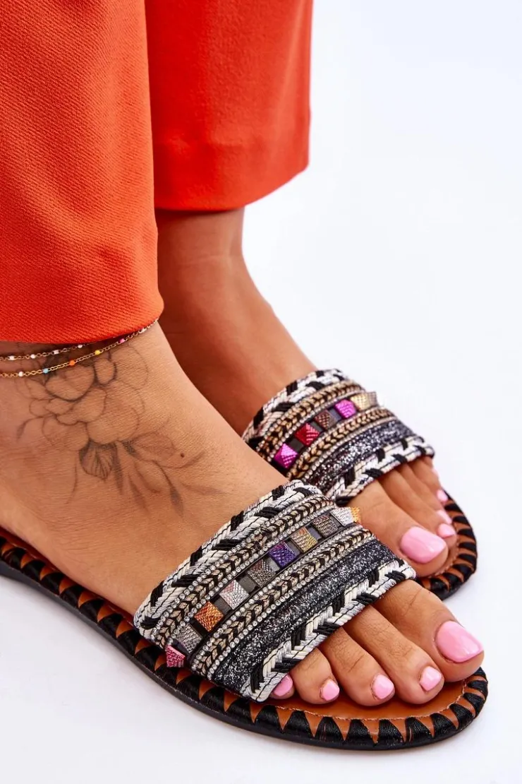 Boto Klapki Damskie Klasyczne*Damskie Zdobione Klapki Czarne Bellisa Czarny