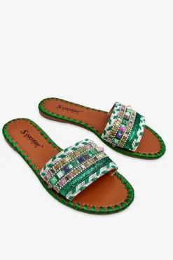 New Boto Damskie Zdobione Klapki Zielone Bellisa Zielony