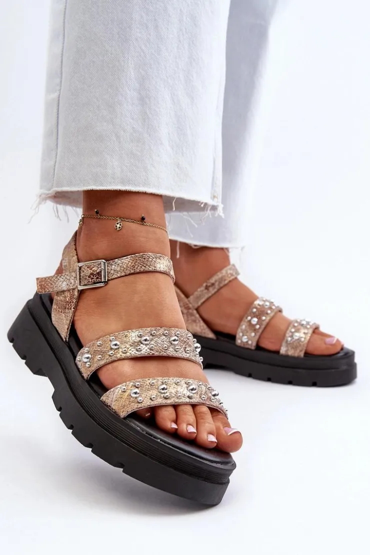 Sale Boto Damskie Zdobione Sandały Eko Skóra Złoto-Beżowe Arcida