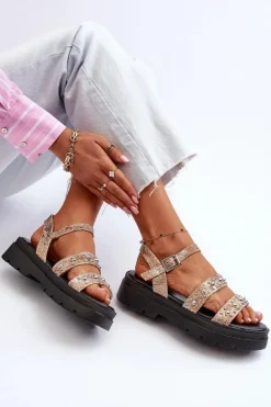 Sale Boto Damskie Zdobione Sandały Eko Skóra Złoto-Beżowe Arcida