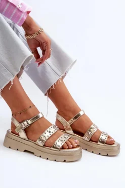 Boto Sandały Płaskie*Damskie Zdobione Sandały Eko Skóra Złote Arcida