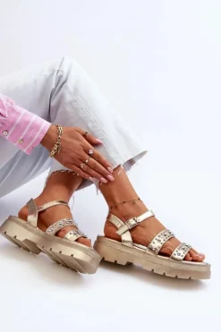 Boto Sandały Płaskie*Damskie Zdobione Sandały Eko Skóra Złote Arcida