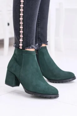 Clearance Boto Damskie Zielone Skórzane Botki Na Słupku Nicole