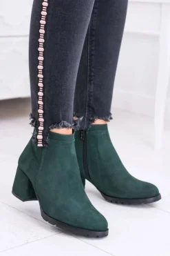 Clearance Boto Damskie Zielone Skórzane Botki Na Słupku Nicole