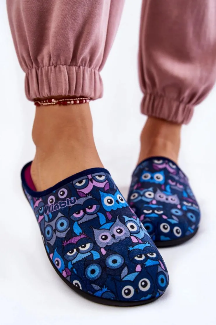 INBLU Kapcie Klasyczne|Klapki Damskie Klasyczne*Domowe Klapki Papcie W Koty GF-12-004 Granatowe