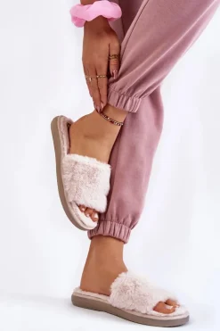 Damskie INBLU Domowe Papcie Klapki Z Futerkiem EK-05-011 Beżowe