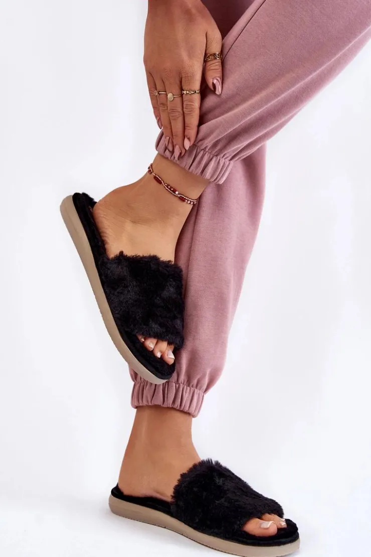 INBLU Domowe Papcie Klapki Z Futerkiem EK-05-014 Czarne