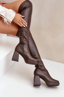 Damskie Boto Dopasowane Kozaki Za Kolano Na Słupku Ciemnobrązowe Sanniraen