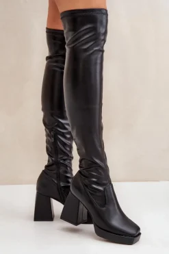 Outlet Boto Dopasowane Kozaki Za Kolano Na Słupku Czarne Sanniraen Czarny