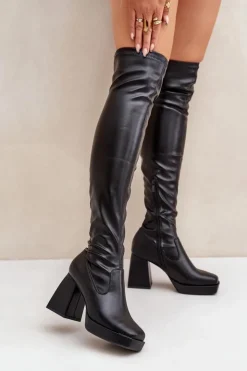 Outlet Boto Dopasowane Kozaki Za Kolano Na Słupku Czarne Sanniraen Czarny