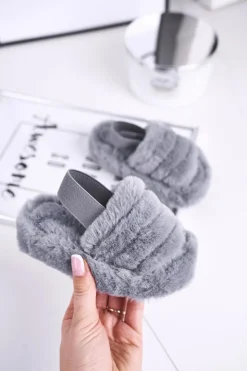 Sale Boto Dziecięce klapki z futerkiem i gumką szare Fluffy