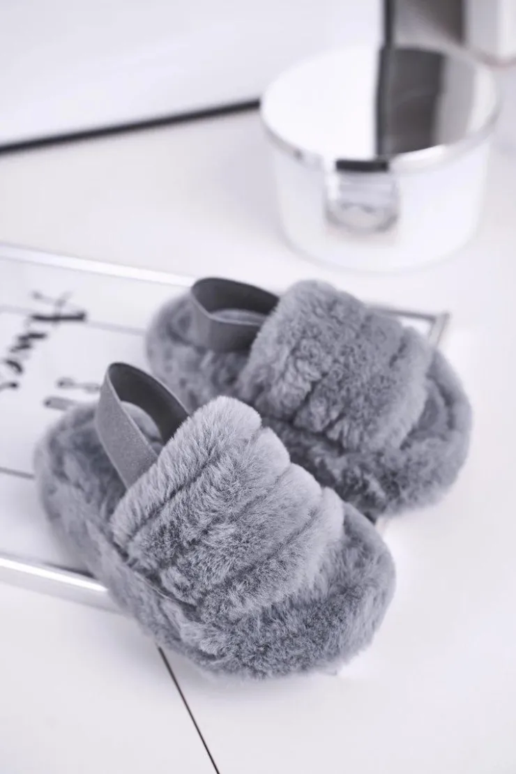 Sale Boto Dziecięce klapki z futerkiem i gumką szare Fluffy