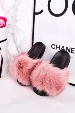 Damskie Boto Dziecięce Klapki Z Futerkiem Różowe Fashionista