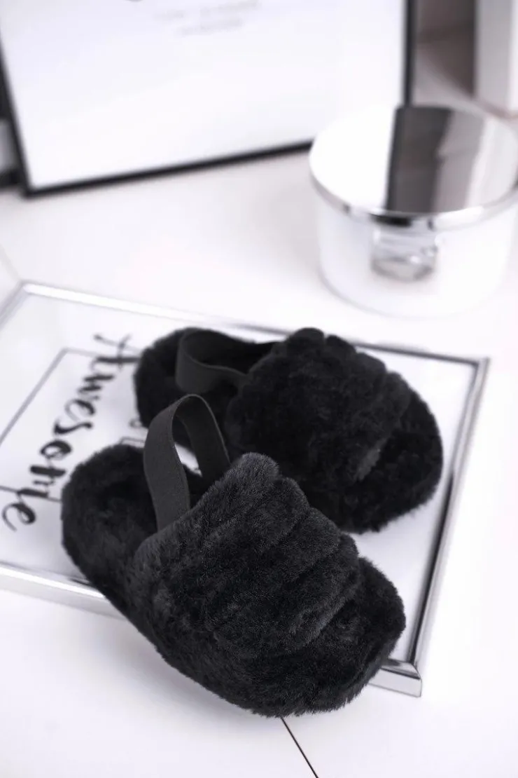 Damskie Boto Dziecięce klapki z futerkiem i gumką czarne Fluffy