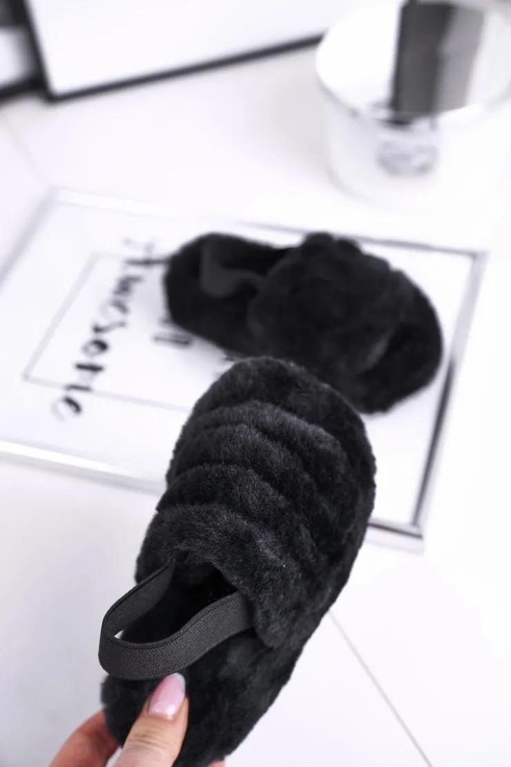 Damskie Boto Dziecięce klapki z futerkiem i gumką czarne Fluffy