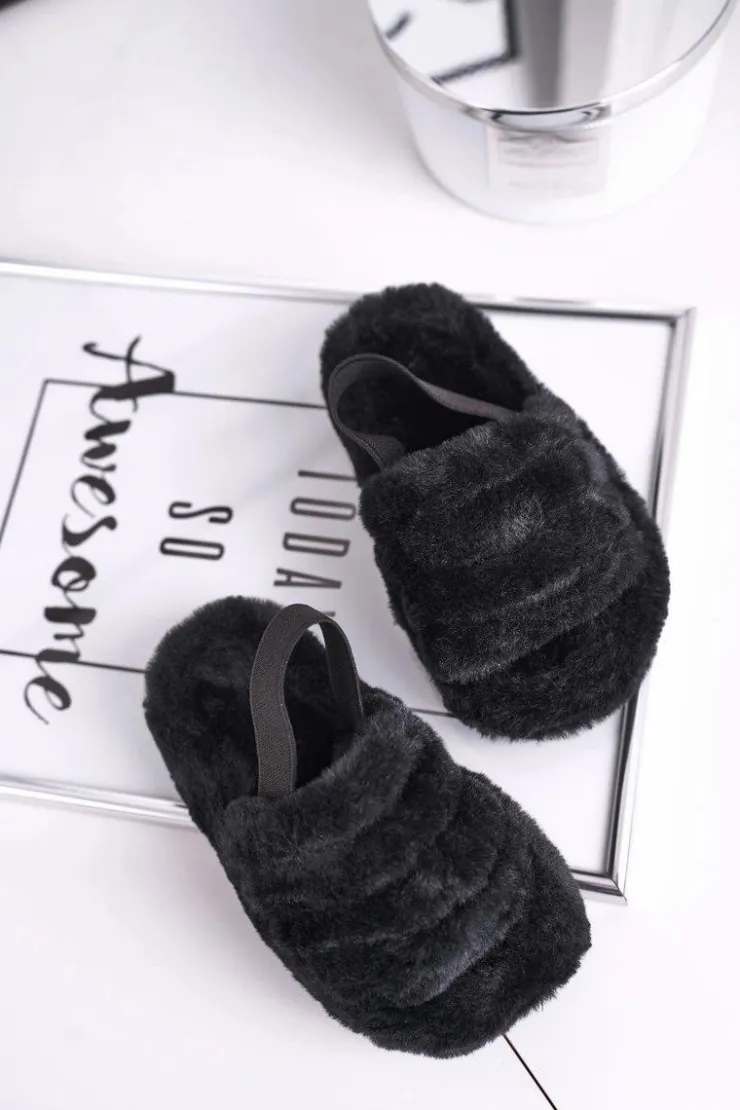 Damskie Boto Dziecięce klapki z futerkiem i gumką czarne Fluffy