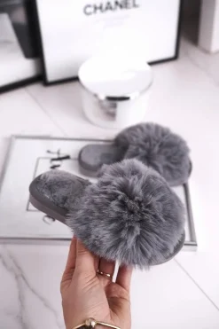 Sale Boto Dziecięce Papcie Klapki z Futerkiem Szare Snow Ball