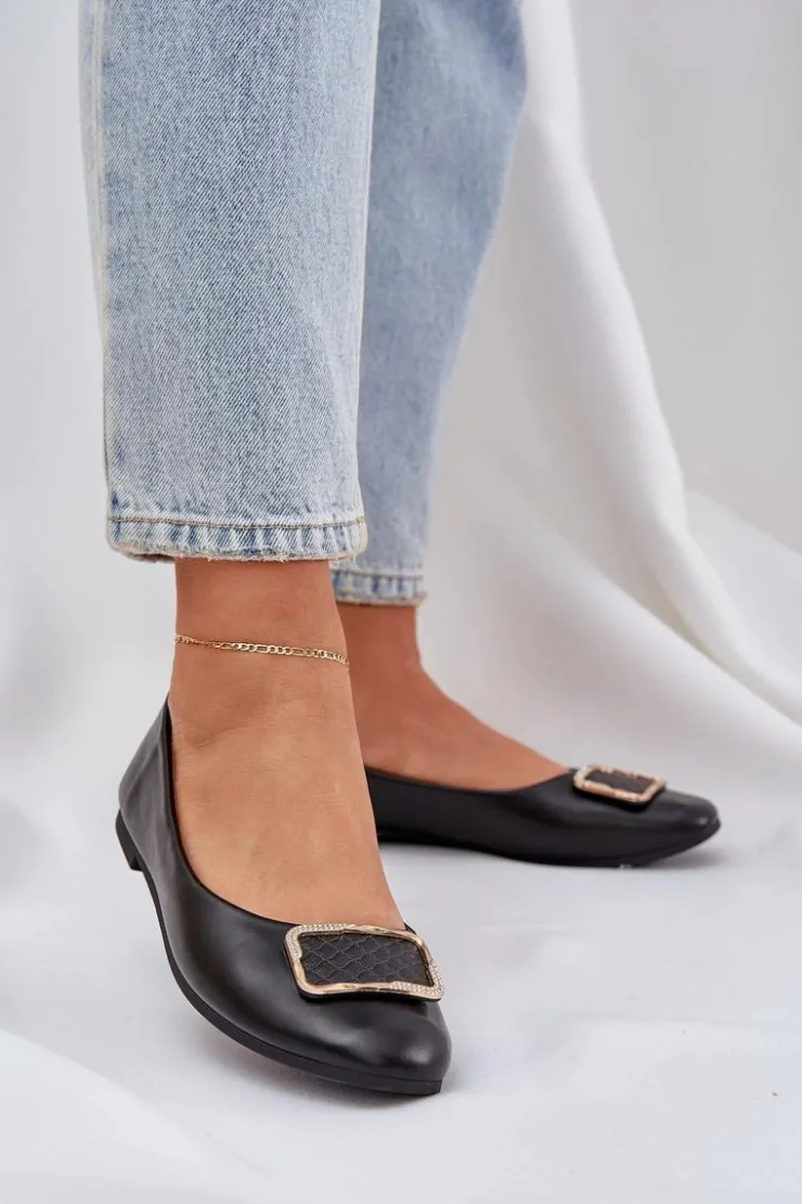 Damskie Boto Eko Skórzane Baleriny Z Ozdobą Czarne Tulnelia