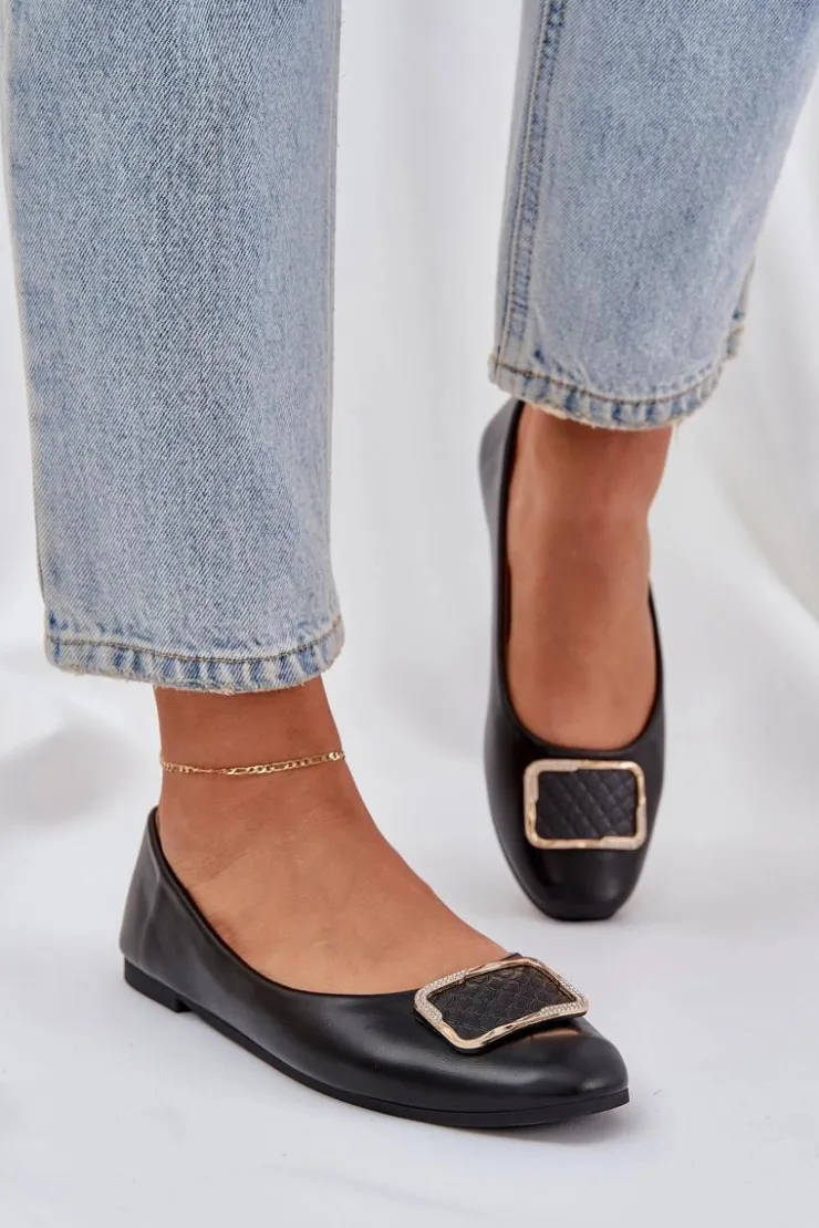 Damskie Boto Eko Skórzane Baleriny Z Ozdobą Czarne Tulnelia