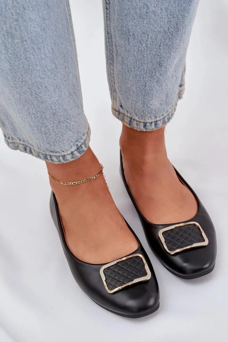 Damskie Boto Eko Skórzane Baleriny Z Ozdobą Czarne Tulnelia